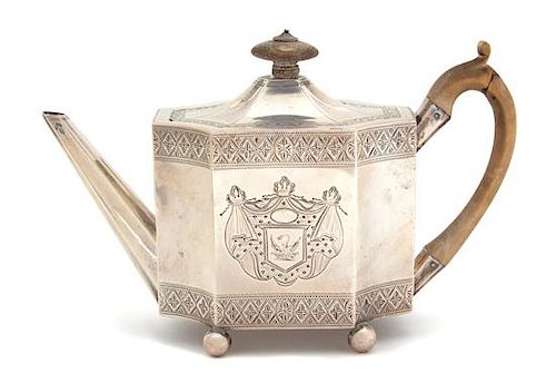 An English Regency Teapot on Tray, Henry Chawner, London, 1830 and 1835, having treen handle and finial