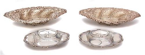 Two Pairs of English Silver Bonbon Dishes, Sheffield, 1909 and Birmingham, 1897, each of oval form with repousse decoration