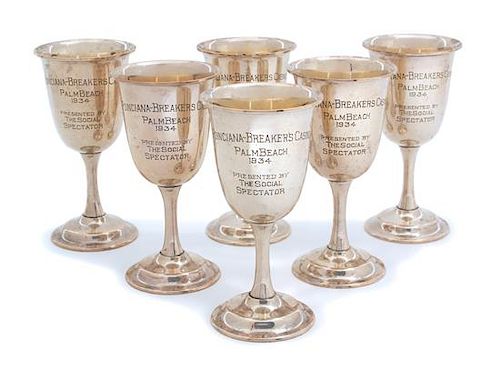 A Set of English Silver Goblets, Possibly Birmingham, 20th Century, having giltwash interior, inscribed Poinciana