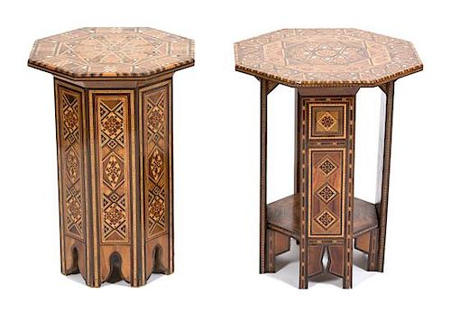 Two Syrian Mother-of-Pearl Inlaid Octagonal Side Tables Height 21 x diameter 15 1/2 inches.