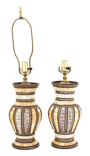 A Pair of Moroccan Brass, Copper and Bone Inlaid Vases Height of vase 13 inches.