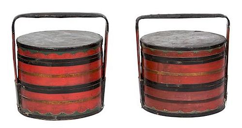 A Pair of Japanese Lacquer Hat Boxes Height 22 x diameter 19 1/2 inches.