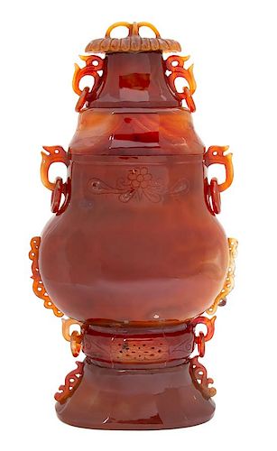 A Chinese Carved Carnelian Hardstone Urn Height 18 inches.