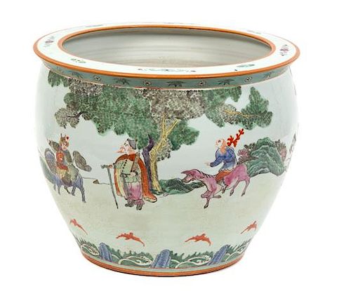 A Chinese Famille Verte Porcelain Jardiniere Height 12 x diameter 14 3/4 inches.