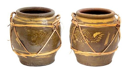 A Pair of Japanese Brown and Ochre Glazed Ceramic Egg Jars Height 14 inches.