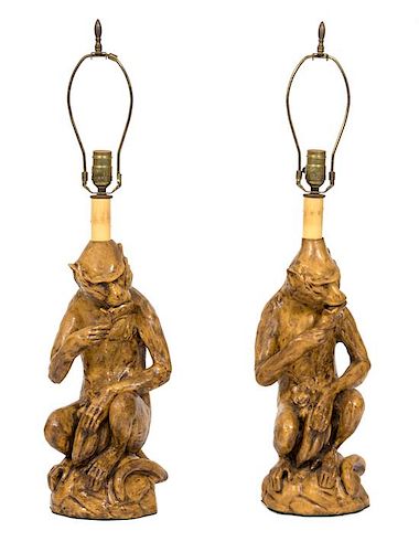 A Pair of Glazed Ceramic Monkey-Form Table Lamps Height overall 31 inches.