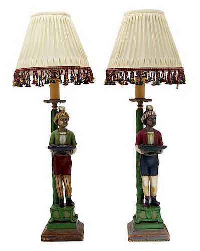 A Pair of Italian Painted Composition Figural Table Lamps Height 20 inches.