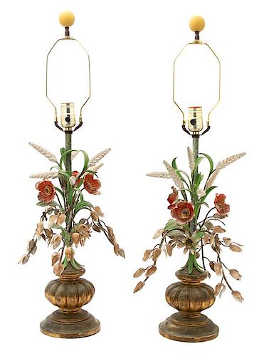 A Pair of Italian Painted Tole and Giltwood Table Lamps Overall height 33 inches.