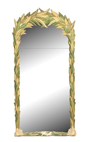 A Polychromed Carved Wood Foliate Framed Mirror Height 67 x width 32 inches.