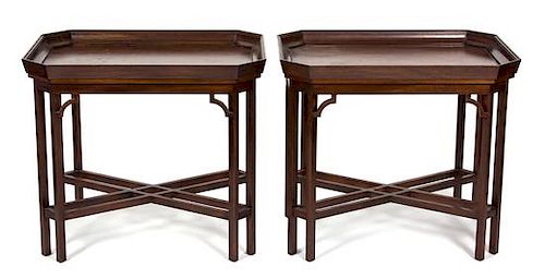 A Pair of Chinese Chippendale Mahogany and Rosewood Tray Top Side Tables Height 26 x width 30 x depth 22 inches.
