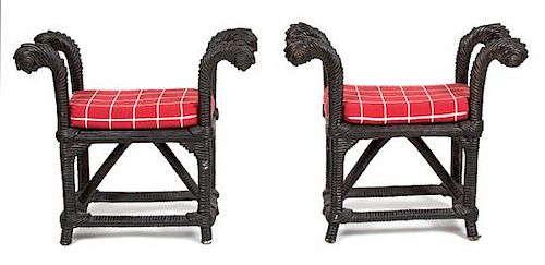 A Pair of Moissu Rope Benches Height 31 x width 33 x depth 14 inches.