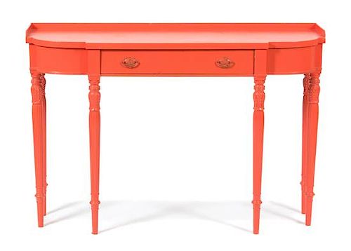 A Louis XVI Style Salmon Lacquer Console Table Height 31 x width 46 x depth 14 inches