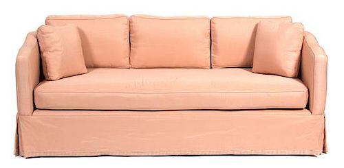 A Contemporary Pink Silk Upholstered Day Bed Height 33 x length 78 x depth 35 inches.