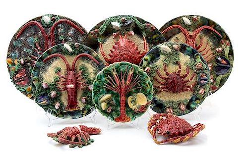 A Group of Palissy Style Trompe L'Oeil Majolica Plates Diameter of largest 13 inches.