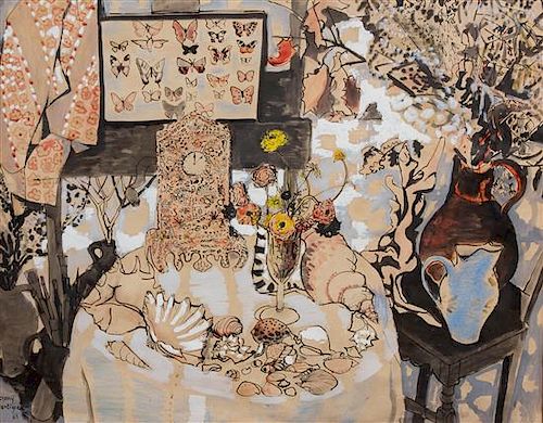 Dany Lartigue, (French, b. 1921), Interior with Shells and a Vase of Flowers on Table, 1963