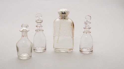 PAIR OF ENGLISH MINIATURE BLOWN GLASS RING-NECK DECANTERS AND STOPPERS, A SINGLE DECANTER AND AN ENGRAVED FLASK WITH SILVER LID