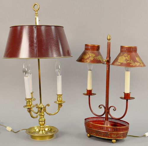 Two table lamps to include brass bouillotte lamp with tole shade and a red and gold painted two light lamp