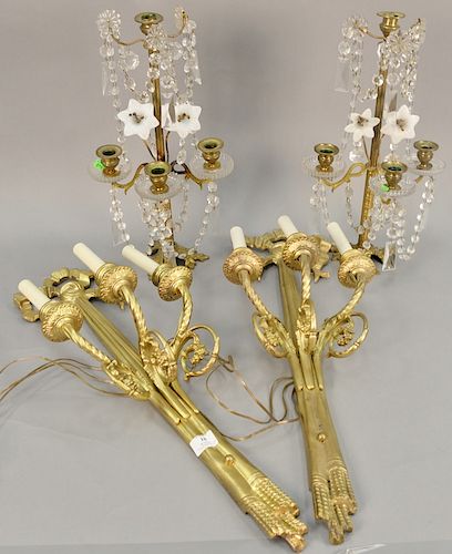 Four piece group including pair of brass sconces (ht. 27 in.) and a pair of French candelabras with prisms (ht. 18 1/2 in.).