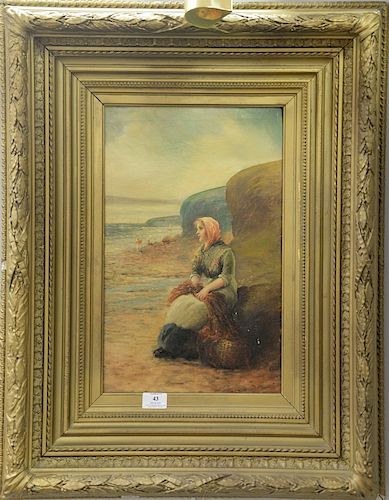 19th century oil on canvas painting of a woman on the coast, in large frame, 20" x 12".