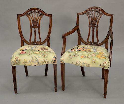 Set of ten Federal style mahogany dining chairs, two with arms, all with Asian style upholstery.