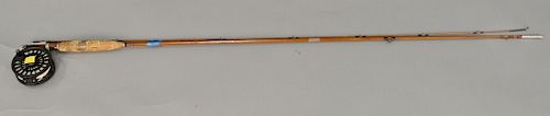 Thomas Special bamboo trout fly rod, two part with reel and 6wt line, Bangor Maine, tip short. lg. 86 in.