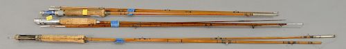 Three bamboo fly rods including Montague, Utica, and Empire Nymph Tackle.