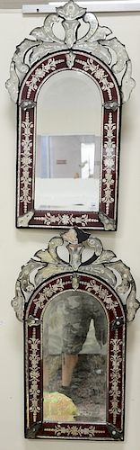 Pair of Venetian mirrors with red frame, 19th century (one with small missing parts at top). 30" x 17"