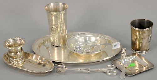 Sterling silver lot including two cups, tray, tongs, dish, spoon, and fork. 33.8 t oz.