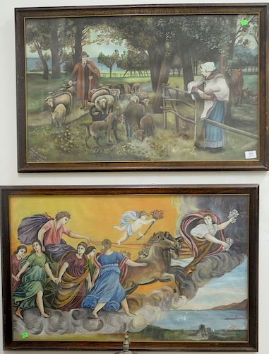 Pair of framed oil on canvas farm landscape with sheep along with an oil on canvas having horse drawn chariot with putti, both signe...