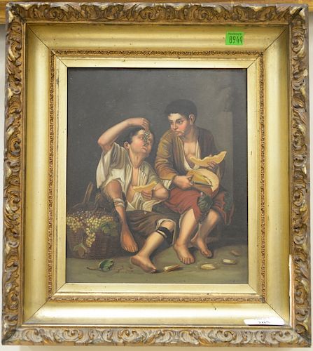 19th century oil on board depicting two young boys eating fruit, 10" x 8 1/2".