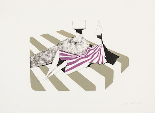 Lynn Chadwick, (English, 1914-2003), A group of three works: Two Sitting Figures on Stripes, Two Sitting Figures on Stripes I, a