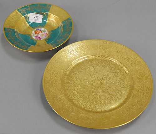 Group lot with a set of ten Selb Bavaria bowls dia. 7 1/2 in. and twelve Bavarian high relief gold service plates dia. 10 1/2 in.