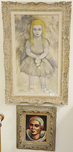 Two Nathaniel E. Reich (20th century) oil on masonite,  including "Clown" and girl with flowers, both signed N.E. Reich, 30" x 16" a...