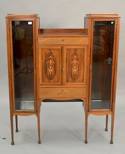 Victorian mahogany inlaid double curio cabinet. ht. 60 in., wd. 42 in.