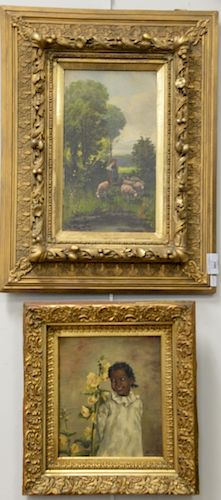 Two framed paintings including an oil on canvas of a young girl standing next to flowers, signed J. Stein Rundels label on back 9" x...