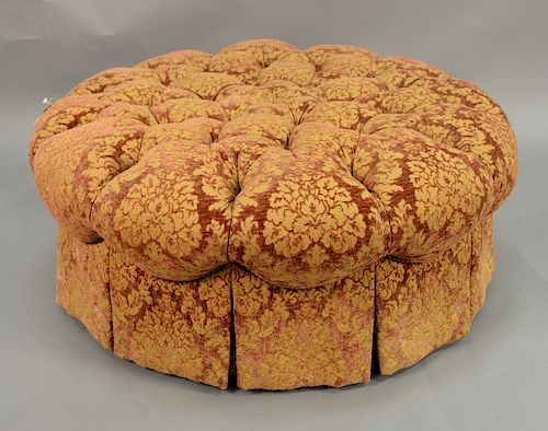 Round tan and red button upholstered pouffe / ottoman. ht. 16 in., dia. 42 in.