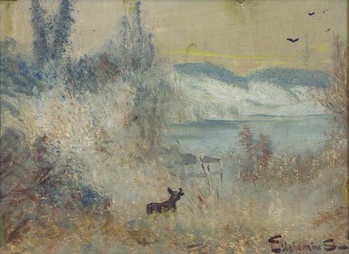 EILSHEMIUS, Louis. Oil on Board. Deer in Landscape