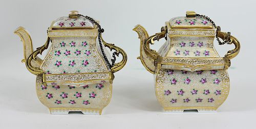 Pair of H/P Meissen German Porcelain Teapots