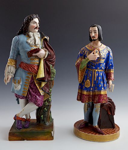 Two Old Paris Porcelain Room Scenters, 19th c., modeled as gentlemen, one with an elaborately gilt decorated tunic and a cameo of a woman, on a circul