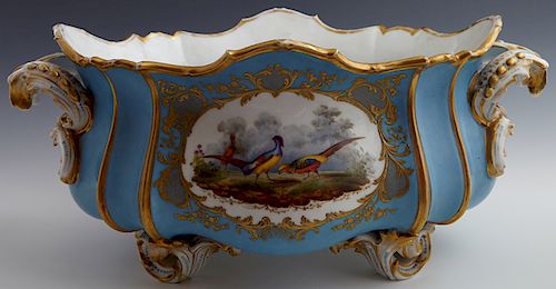 Old Paris Porcelain Oval Center Bowl, 19th c., of ribbed baluster form with applied handles and reserves of pheasants on one side and flowers on the o