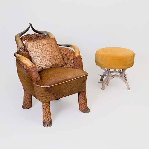 American Horn and Printed Hide Armchair and a Suede and Antler Foot Stool