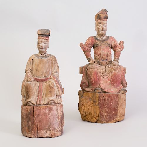 Two Chinese Painted Wood Figures of Seated Officials