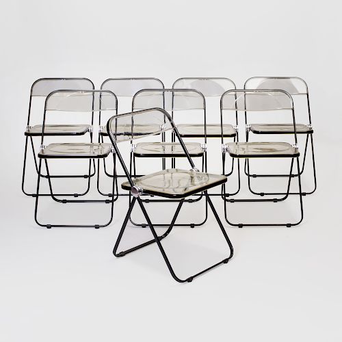 Set of Eight Giancarlo Piretti Coated Metal and Lucite 'Plia' Chairs for Castelli