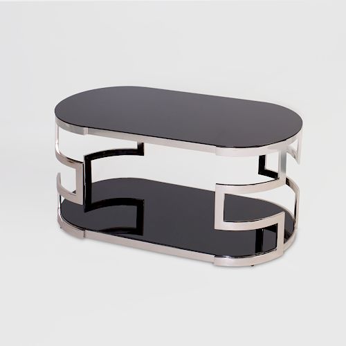 Modern Chrome and Black Glass Two Tiered Oblong Low Table