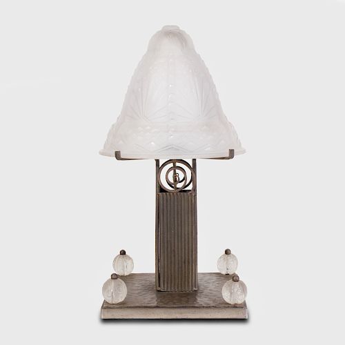 Muller Fréres Cast Glass Shade and Iron Table Lamp