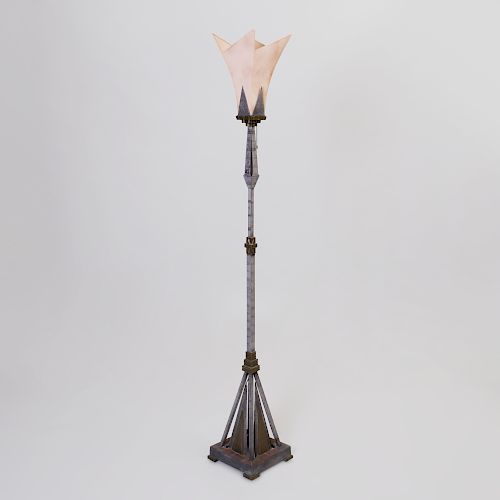 Art Deco Style Brass and Patinated Metal Floor Lamp