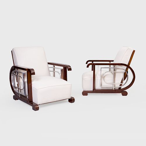Pair of Art Deco Style Chrome and Mahogany Lounge Chairs