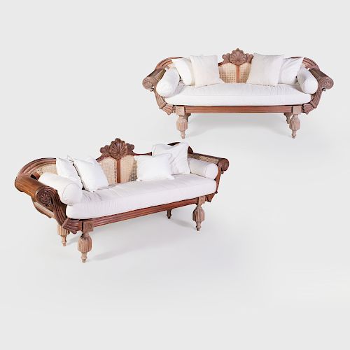 Pair of Anglo-Indian Hardwood and Caned Settees