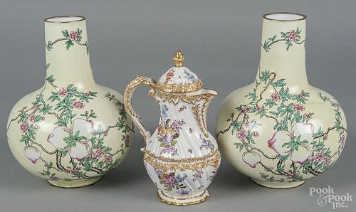 Pair of Chinese cloisonné vases, 20th c., 10'' h., together with a Meissen style teapot, 8 1/2'' h.