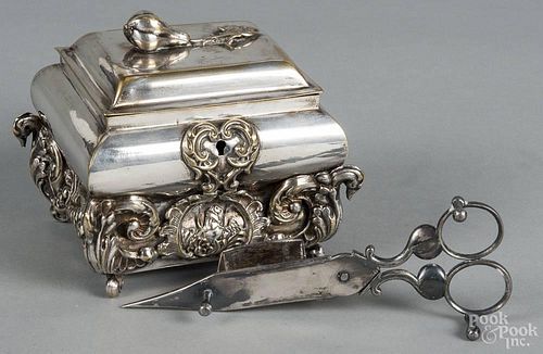 Continental silver-plated tea caddy, 19th c., 4 1/4'' h., 5 1/4'' w., together with a scissor snuffer